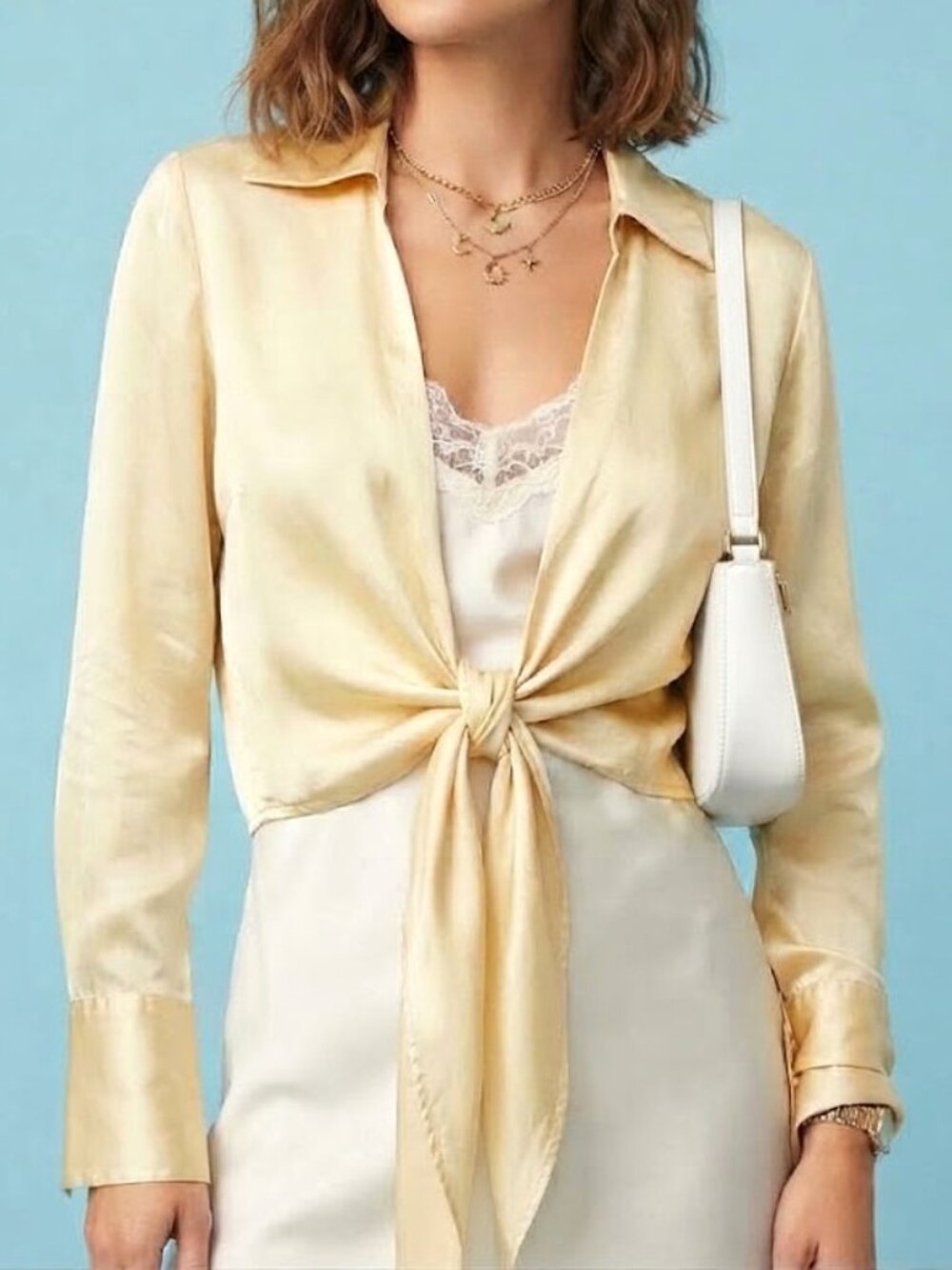 Butter Yellow Silk Tie Front Blouse